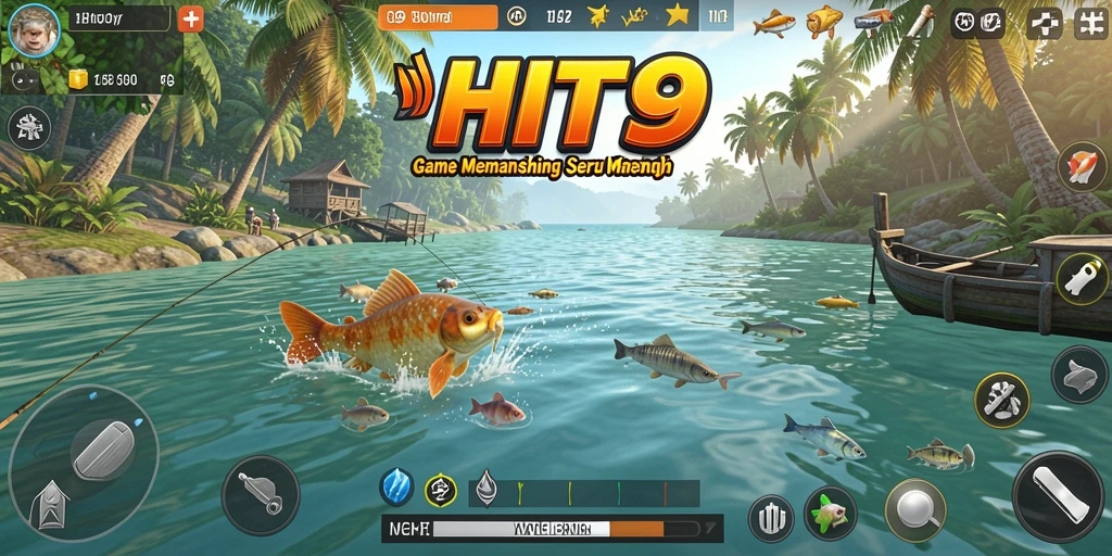 Tampilan gameplay seru HIT9 dengan ikan dan alat pancing yang beragam.