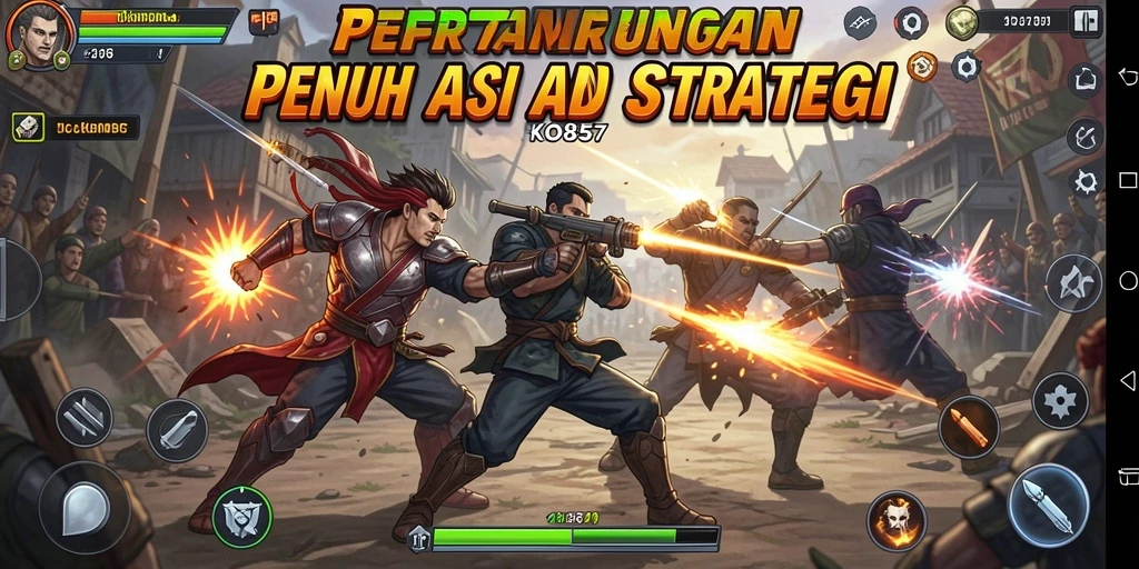 Screenshot menunjukkan karakter bertarung dalam arena yang dinamis.